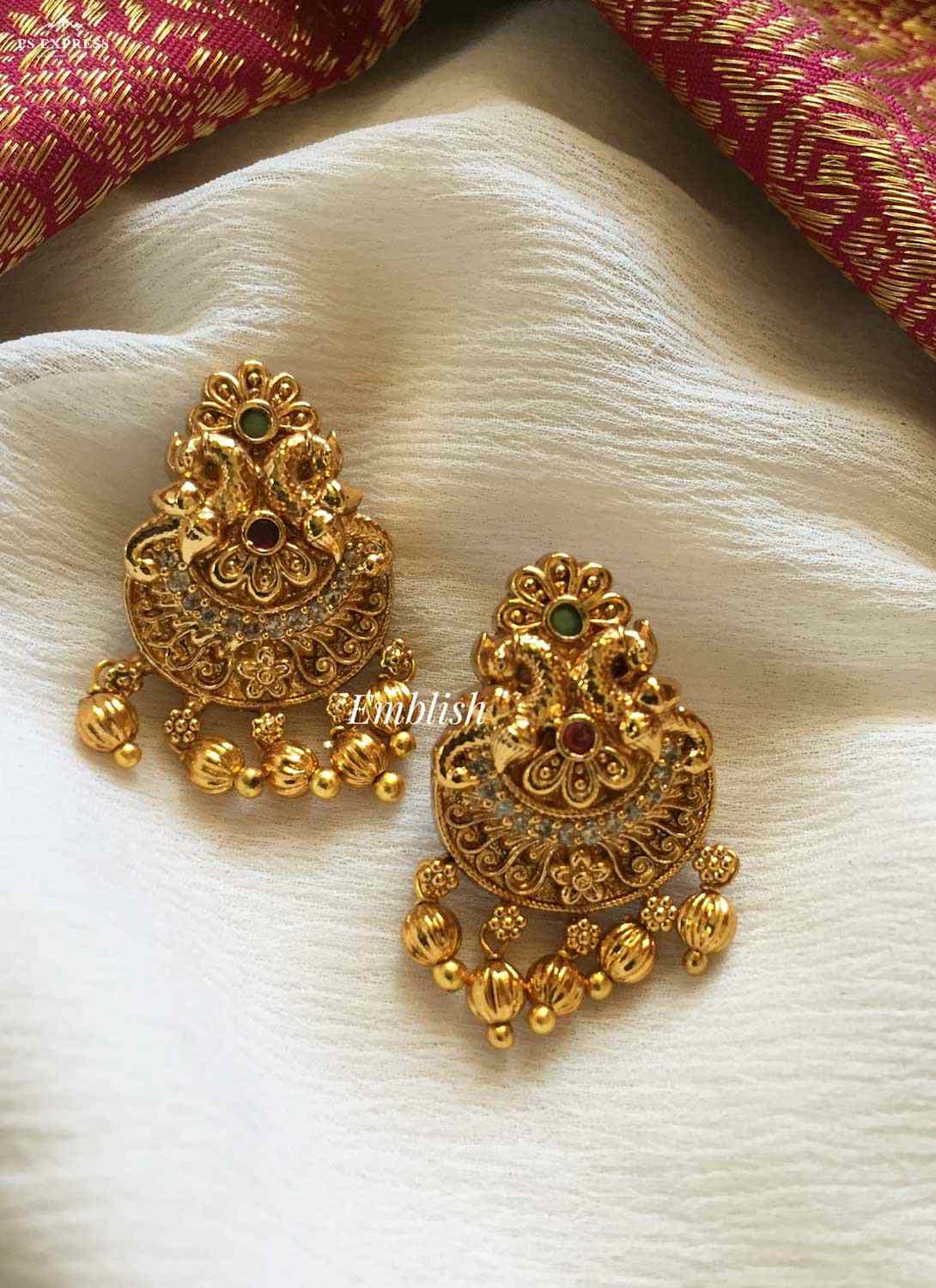Antique AD stone double Peacock with gold drops Stud 